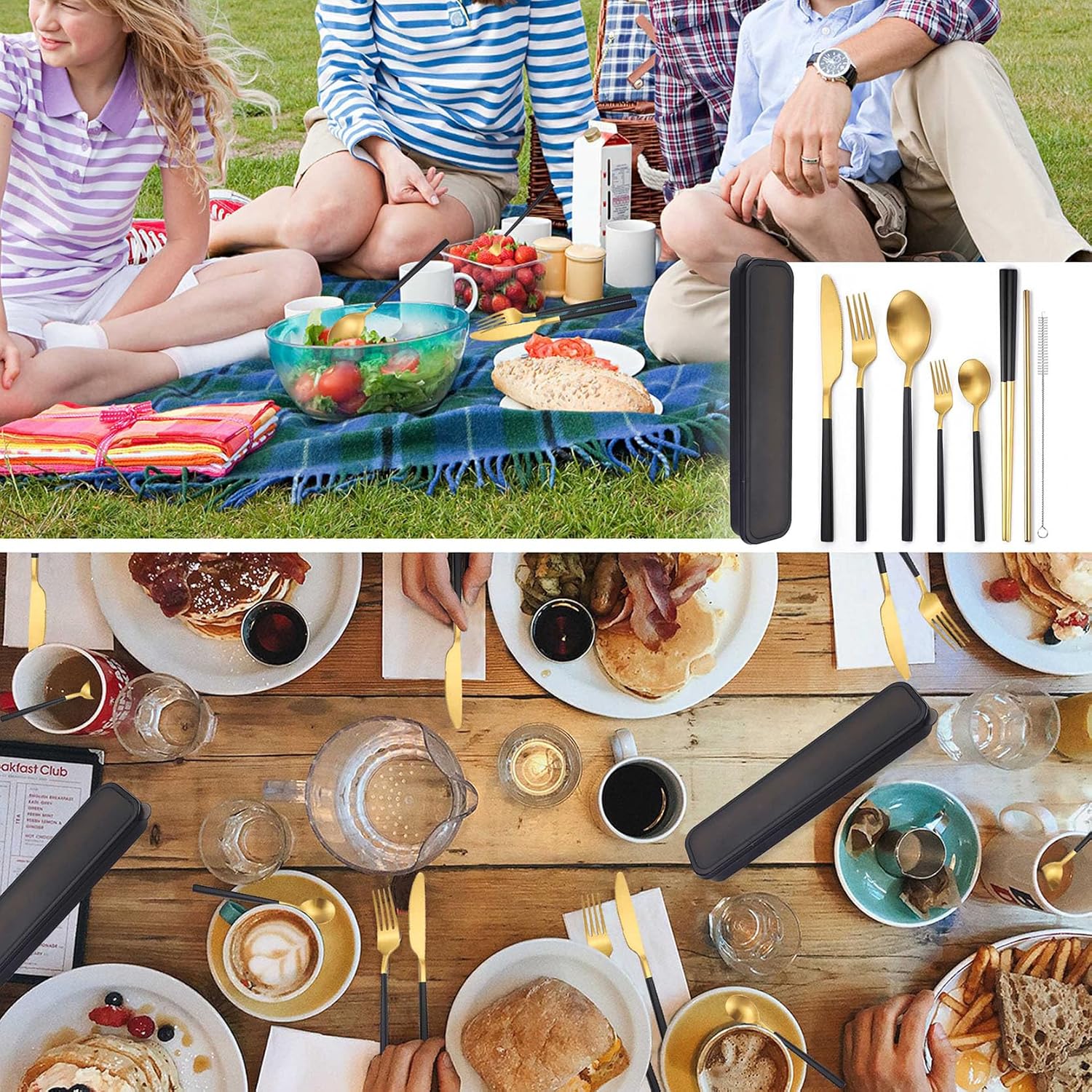 AARAINBOW 6 Pieces Stainless Steel Flatware Set Portable Reusable Cutlery Set Travel Utensils Set Including Chopsticks Knife Fork Spoon Straws Cleaning Brush Dishwasher Safe (B-Black golden)