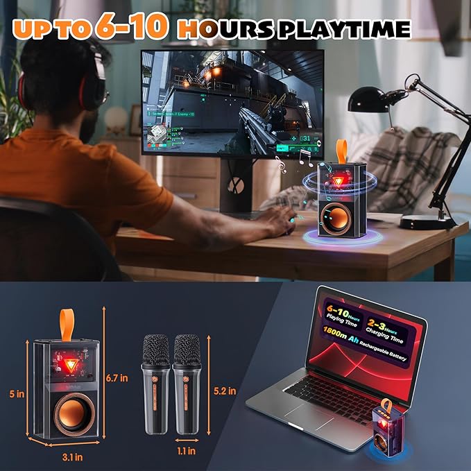 Karaoke Machine for Kids & Adults, Portable Bluetooth Mini Karaoke Speaker with 2 Wireless Microphone and Lights, Birthday Gifts for Girls & Boys, Toys for Girls, Family Home Party (Black)-BubblyBeeBaby