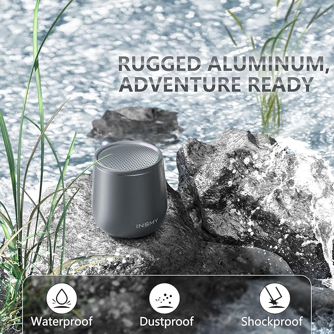 INSMY Small Bluetooth Speaker, Waterproof Mini Portable Wireless Speaker, Punchy Bass Rich Audio Stereo Pairing, Handheld Pocket Size Built in Mic for Hiking Biking Gift Laptop Tablet (Gray)-BubblyBeeBaby