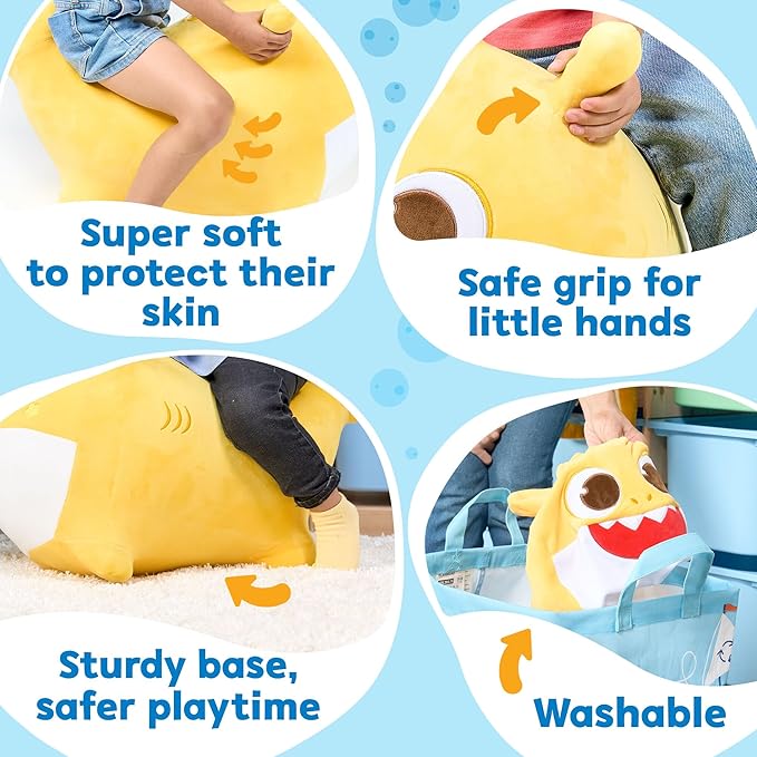 JITTERYGIT Baby Shark Official Bouncy Hopper Plush Musical Singing Toy - Inflatable Animal Ride On for Indoor & Outdoor - Birthday Gift for Kids & Toddlers (Boys & Girls) Ages 18+ Months (Yellow)-BubblyBeeBaby