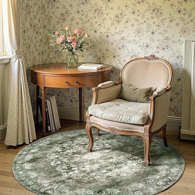 jinchan Round Rug 5ft Area Rug - Green Vintage Floor Mat Kitchen Indoor - Washable Circle 5' Thin Floral Print Carpet Retro Farmhouse Non Slip Dining Room Living Room Bedroom Office-BubblyBeeBaby