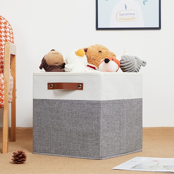 HNZIGE Fabric Storage Cubes 12x12 Cube Storage Bins, Set of 4, Decorative Cube Organizers Bins for Shelves with Handles,Foldable Bins for Cube Organizer Home Toy Nursery Closet(White Gray)-BubblyBeeBaby