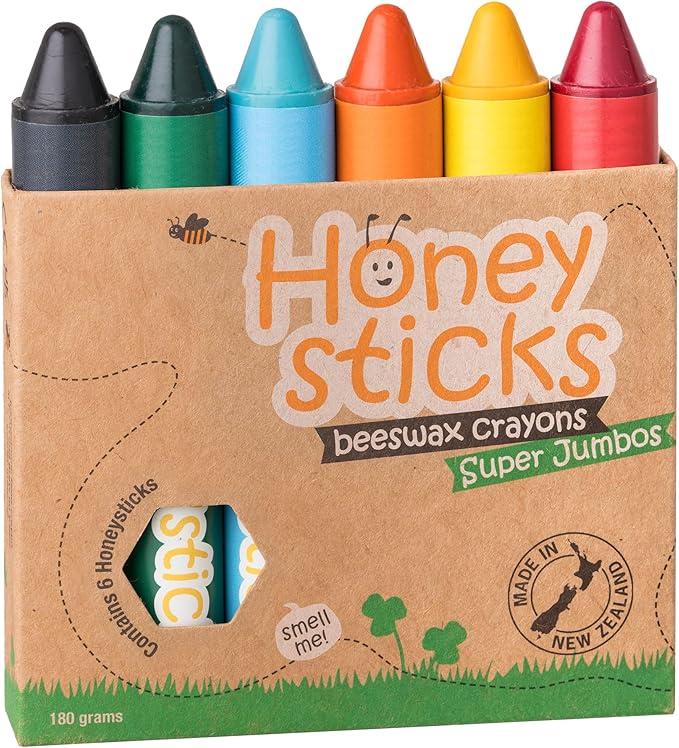 Honeysticks Super Jumbo Crayons (6 Pack) - 100% Pure Beeswax, Non Toxic Crayons for Toddlers 1-3, Extra Large Crayon Size, Easy to Hold and Use, Unbreakable Toddler Crayons, Eco-Friendly-BubblyBeeBaby