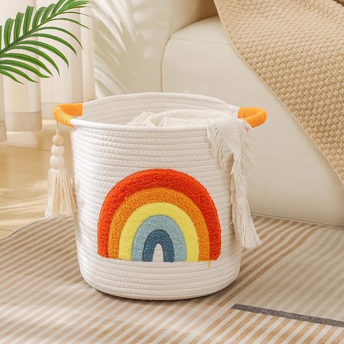 INough Toy Storage Baskets Woven Cotton Rope Storage Basket Kids Blanket Baskets for Living Room, Toys Organizer with Embroidery Colorful Rainbow Decor, Baby Basket for Laundry Nursery (Boho Rainbow)-BubblyBeeBaby