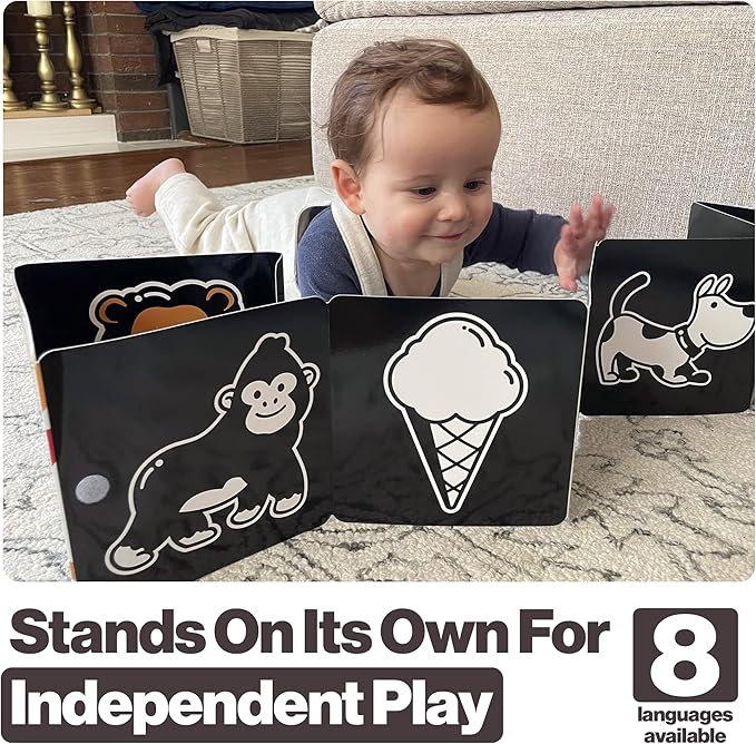 Happy Start Award-Winning High Contrast Board Book - Newborn Black & White Baby Cards, Easy to Clean, Hospital Approved, Stands on Its Own, Tummy Time Toy, Ages 0+ (Spanish)-BubblyBeeBaby