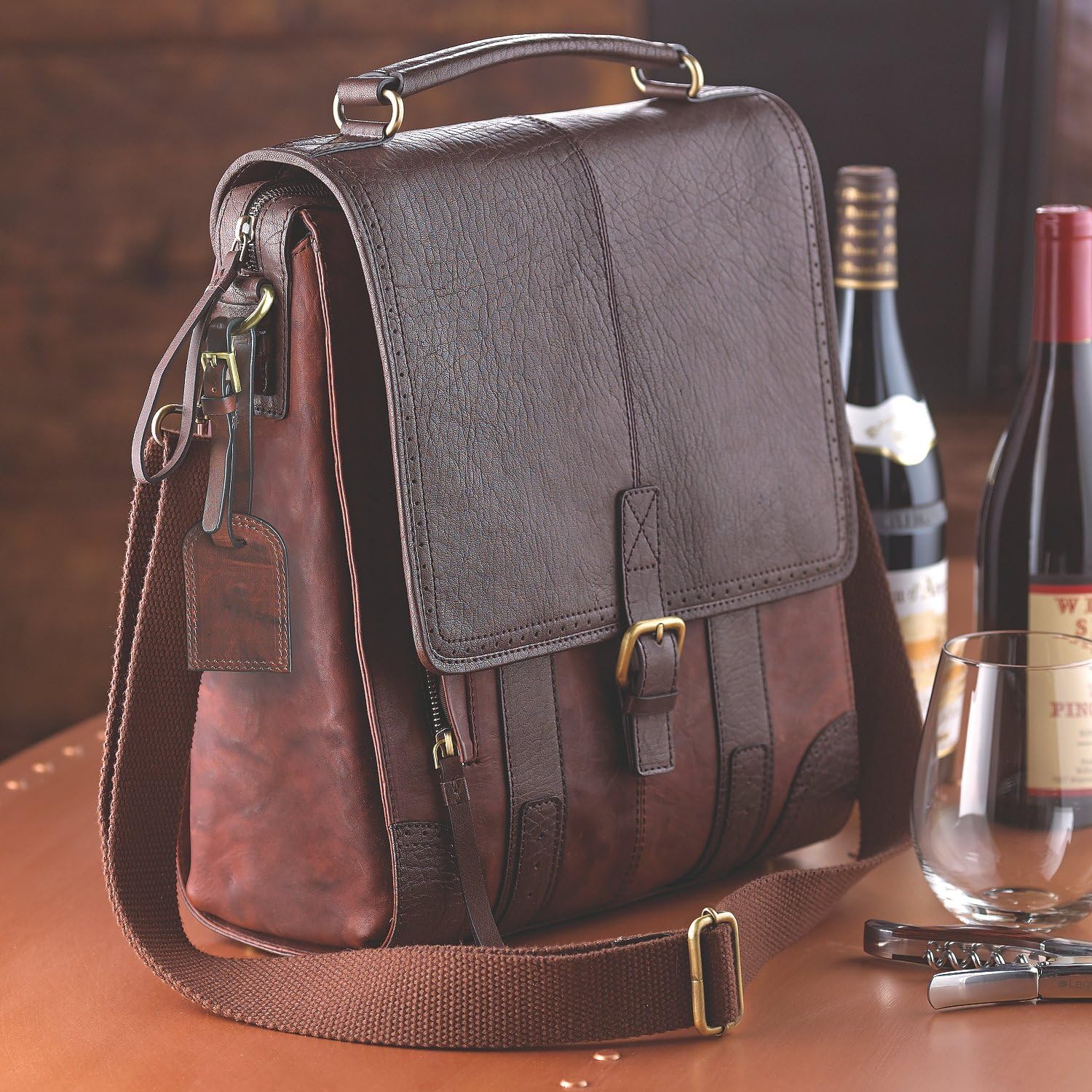 Wine Enthusiast 3-Bottle Leather Wine Tote Bag | Handcrafted Leather Wine Carrier with Dividers | Secure Buckle & Zipper Closure | Portable Wine Cooler Bag for Picnics, Travel & Parties | Wine Gifts