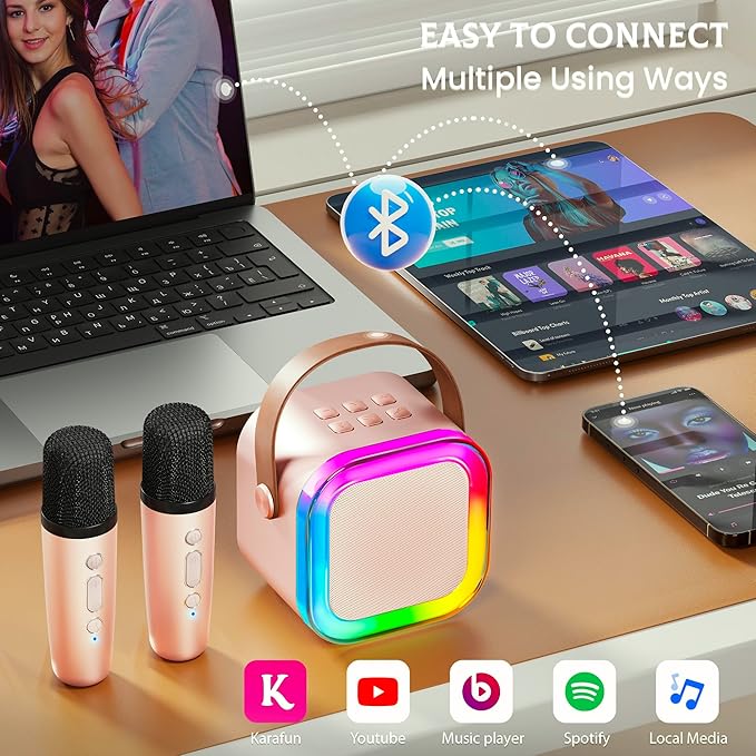 IROO Mini Karaoke Machine for Kids, 2025 TOP Toys Birthday Gifts Ideas for Girls Ages 4, 5, 6, 7, 8, 9, 10, 12+ Years Old, Portable MP3 Player with 2 Wireless Mics for Party-BubblyBeeBaby