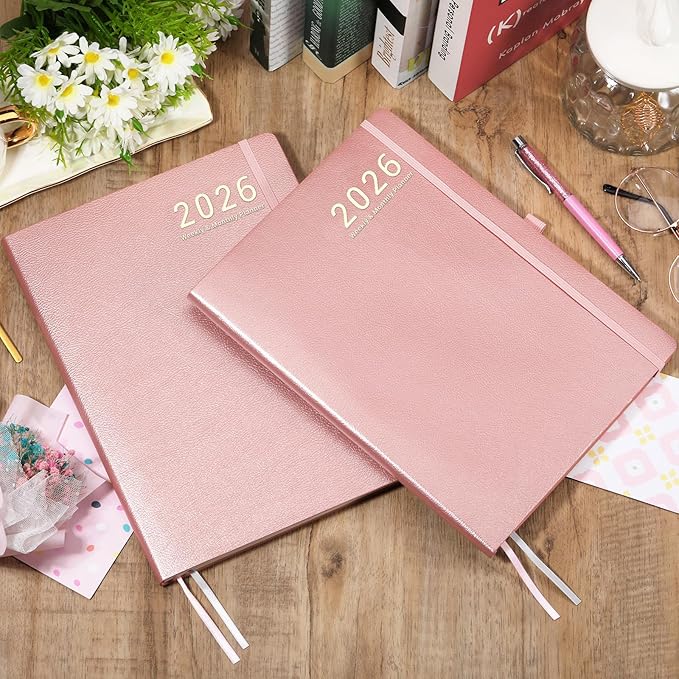 2026 Planner - JAN 2026 - DEC 2026, Planners 2026, Planner Weekly and Monthly, Leather Cover Calendar Planers with Thick Paper, Back Pocket with Notes Pages, Pink (8.5" x 11")-BubblyBeeBaby