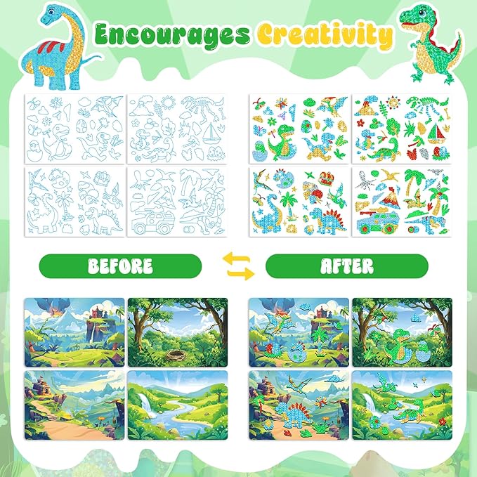 homicozy Art & Craft Activity for Kids-Foil Fun Dinosaur,No Mess Art Crafts for Girls,DIY Foil Foam Stickers,Creative Activity Kits,Kids Travel Toys,Gifts for Girls & Boys Ages 4-10-BubblyBeeBaby
