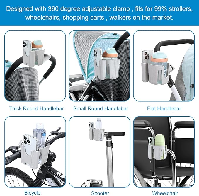 Accmor Stroller Cup Holder with Phone Holder, Bike Cup Holder, Universal Cup Holder for Uppababy Nuna Doona Strollers, 2-in-1 Cup Phone Holder for Stroller, Bike, Wheelchair, Walker, Scooter-BubblyBeeBaby