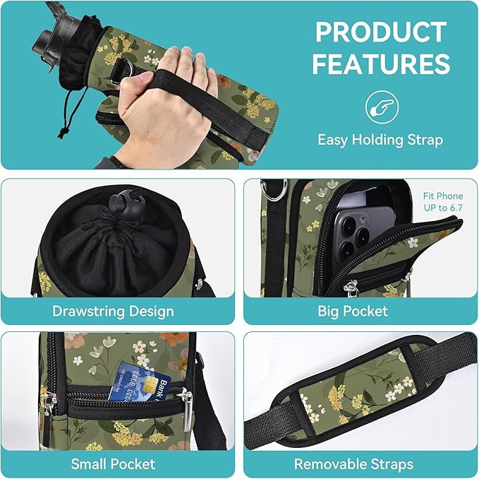 25/32/40/64oz Water Bottle Bag Holder Carrier-Insulated Crossbody Sling Case Sleeve with Strap & Pockets for Men Women Gym Cycling Travel Walking Hiking Camping-BubblyBeeBaby