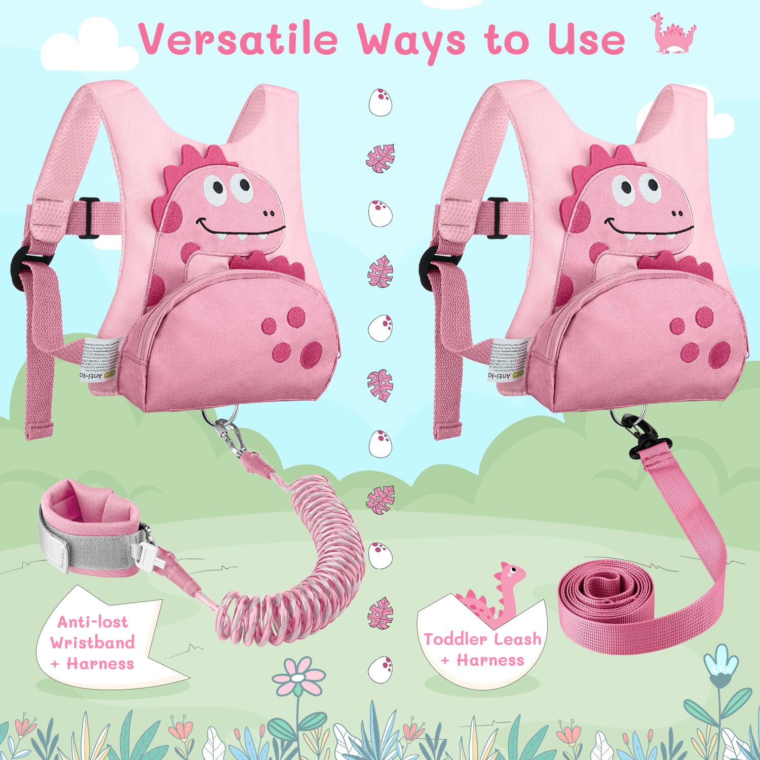 Dr.meter 3 in 1 Toddler Harness Leash + 8.2ft Anti Lost Wrist Link, Cute Dinosaur Kids Anti Lost Leash with Key Lock, Child Walking Harness for Parent Boys Girls Keep Kids Close, Travel Essensials
