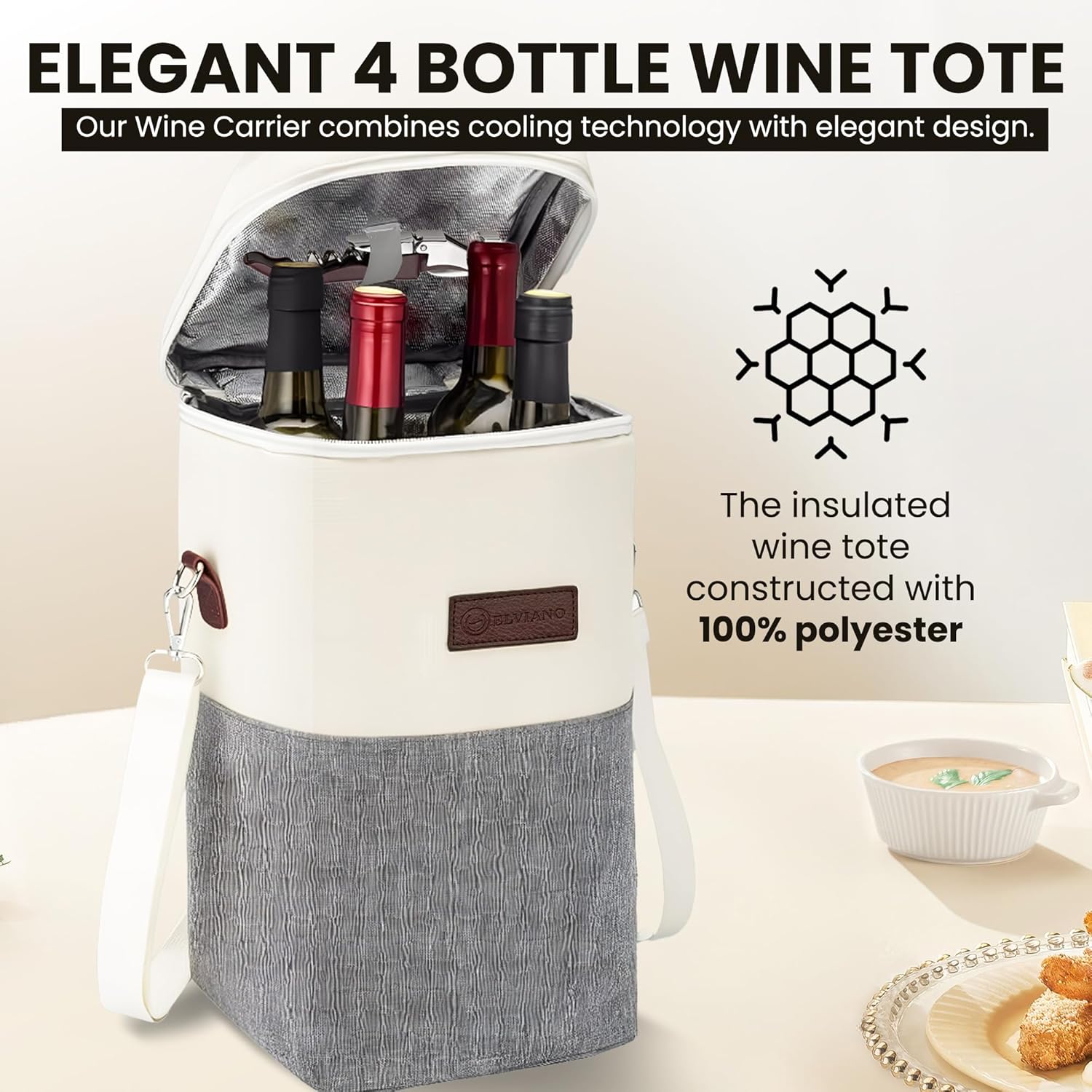 Insulated Wine Bag Cooler – Beige and Gray, Holds 4 Bottles, Wine Opener, Shoulder Strap, Expandable Zipper, 7.8 x 5 x 15 inches, Perfect for Travel & Picnic