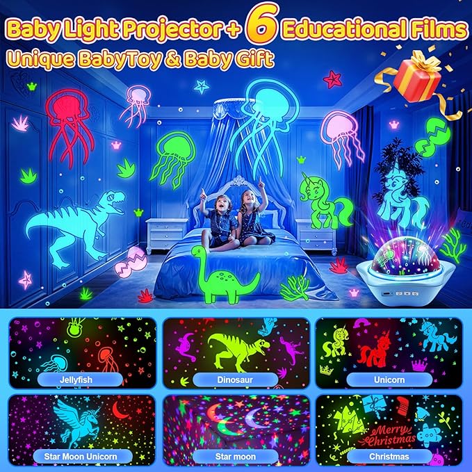 Jellyfish Baby Night Light Projector, Dinosaur+Jellyfish+Unicorn Night Light Projector, 96 Projection Options+USB Rechargeable Baby Sleeping Toys Baby Gifts,Jellyfish Lamp Baby Toys Baby Gifts Newborn-BubblyBeeBaby