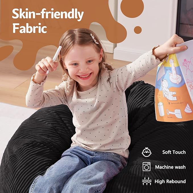 Homguava 2FT Bean Bag Chair,Teardrop Bean Bags Small Beanbag Chair with Memory Foam Filled and Ultra Soft Corduroy Cover for Living Room, Bedroom (Small,Black)-BubblyBeeBaby