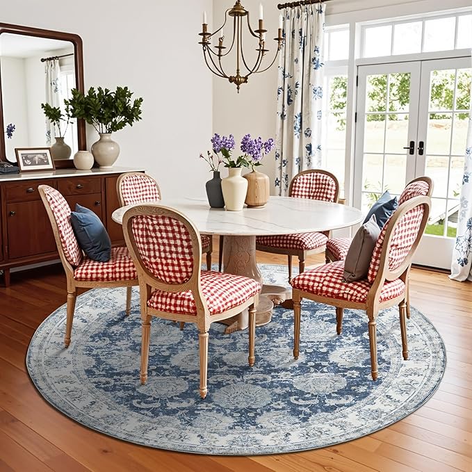 jinchan Round Rug 7ft Area Rug - Dark Blue Vintage Floor Mat Kitchen Indoor Ultra-Thin Soft Floral Print - Washable Circle 7' Retro Accent for Farmhouse Non Slip Dining Room Living Room Bedroom Office-BubblyBeeBaby