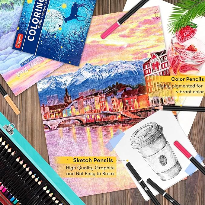 iBayam Art Supplies, 150-Pack Deluxe Wooden Art Set Crafts Drawing Painting Kit with 1 Coloring Book, 2 Sketch Pads, Creative Gift Box for Adults Artist Beginners Kids Girls Boys-BubblyBeeBaby