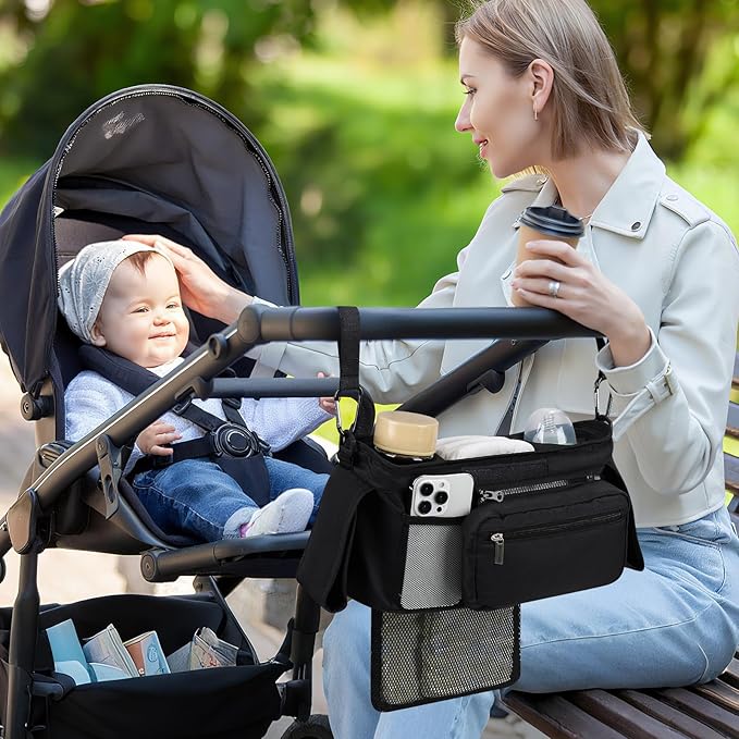 Accmor Universal Stroller Organizer with Insulated Cup Holder Detachable Phone Bag and Shoulder Strap,Stroller Bag Caddy Organizer Fits for Uppababy, Baby Jogger, Britax Strollers-BubblyBeeBaby