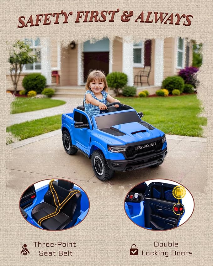 12V Kids Electric Vehicles, Licensed Ram 1500 RHO Kids Ride on Truck with Remote Control, Ride on Car for Children with Smooth Start, Truck Bed Storage, Bluetooth, Aux Port (Blue)-BubblyBeeBaby