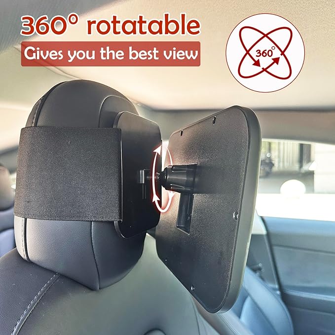 Funbliss Baby Car Mirror for Fixed Headrest, Compatible with Tesla Car Mirror for Baby and Other Models, 360° Rotation Clear & Wide View, Easy Install with Non-Slip Elastic Fixing-BubblyBeeBaby