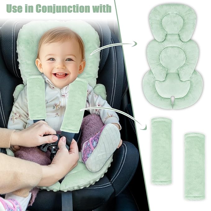GFU Infant Car Seat Insert Head and Body Support, Reversible Newborn Insert for Carseat with Strap Pads, Soft Stroller Cushion Pillow Insert for Boys and Girls, Fits for Stroller, Swing, Green-BubblyBeeBaby