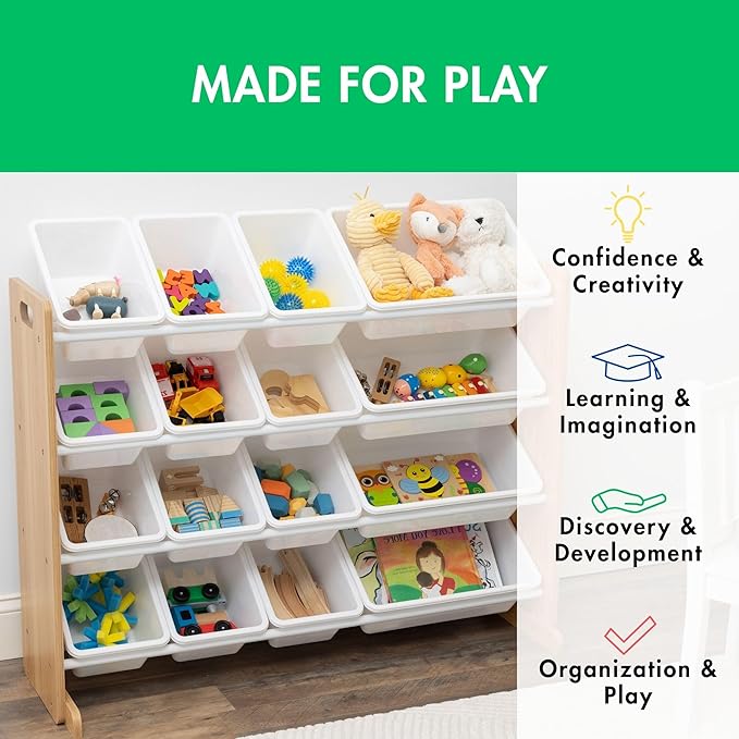 Humble Crew Supersized Toy Storage Organizer with 16 Removable Bins, Natural/White – Large Toy Storage for Toddlers Ideal for Kids' Rooms, Playrooms, and Nurseries - Modern Toy Bins for Kids-BubblyBeeBaby