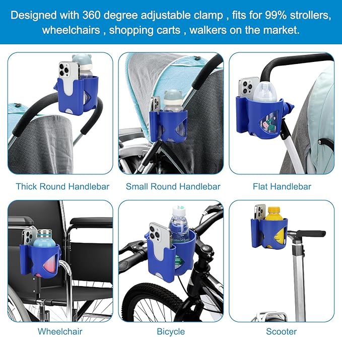 Accmor Universal Cup Holder, Stroller Cup Holder with Phone Holder, 360° Rotatable Large Caliber Designed Bottle Holder for Stroller, Bike, Wheelchair, Walker, Scooter-BubblyBeeBaby