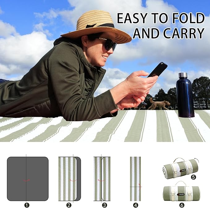 HX&OD Outdoor Picnic Blanket Extra Large, 80”x60” Waterproof Picnic Mat Foldable Camping Blanket Portable with Carry Strap for Beach Mat (Green)-BubblyBeeBaby