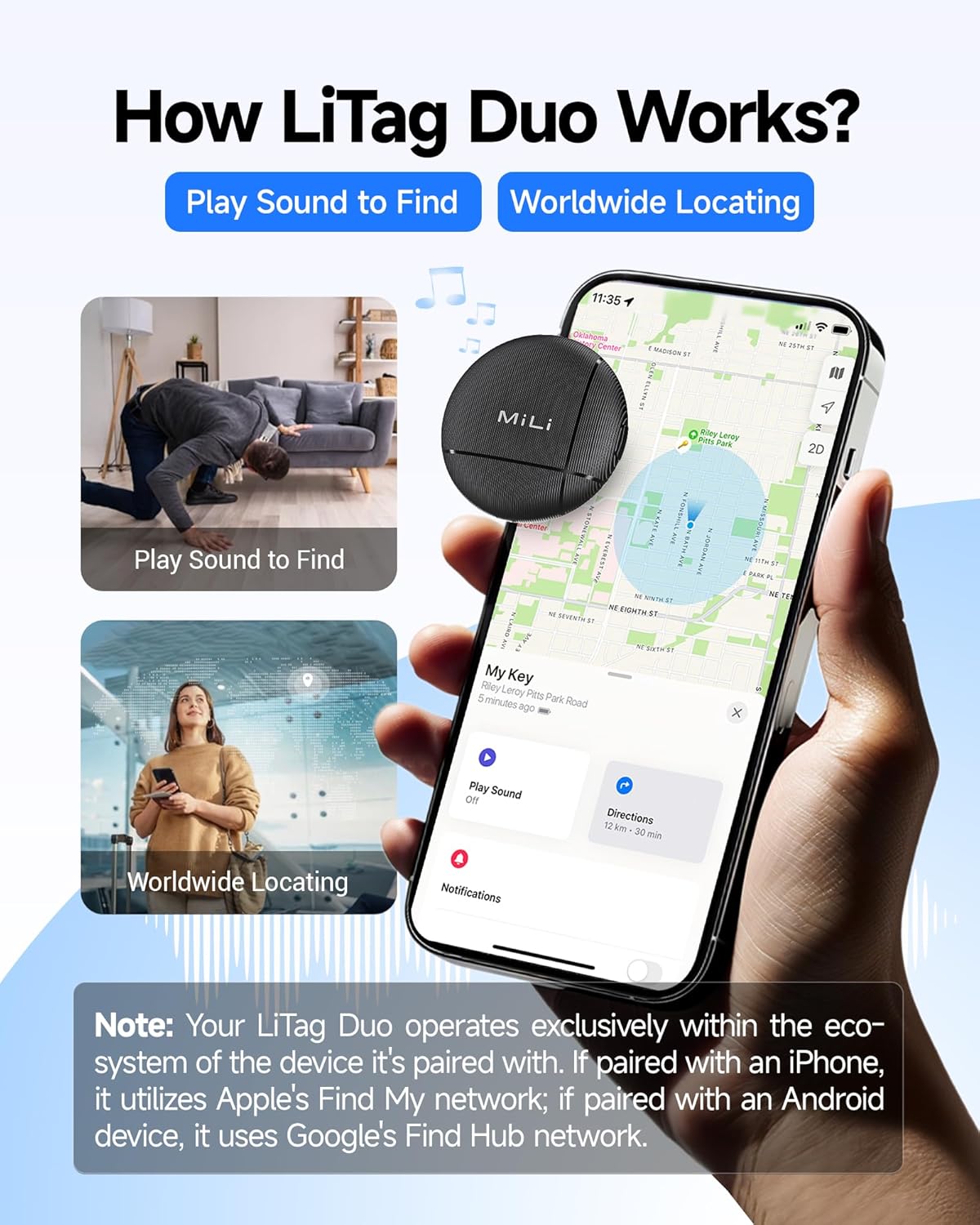 LiTag Duo - Dual System Tracker for iOS or Android, Bluetooth Tracking Tag/Key Finder/Luggage Tracker/Item Locator, Compatible with iOS Find My or Google Find Hub App (4 Packs)