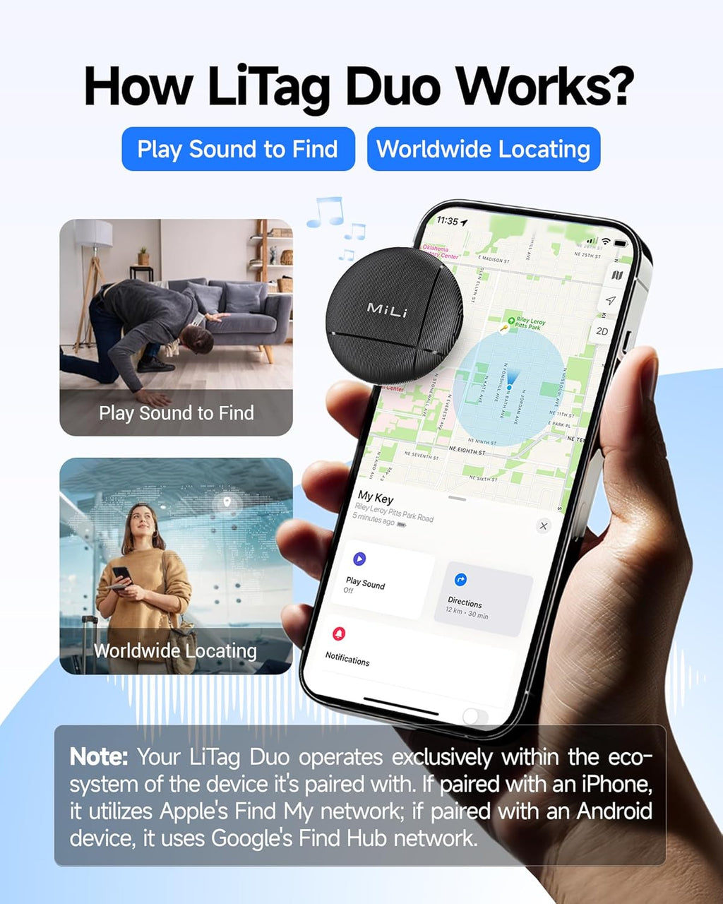 LiTag Duo - Dual System Tracker for iOS or Android, Bluetooth Tracking Tag/Key Finder/Luggage Tracker/Item Locator, Compatible with iOS Find My or Google Find Hub App (1 Pack)