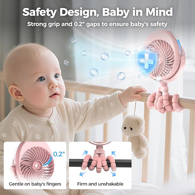 2025 Upgarded 4000mAh Misting Baby Stroller Fan, Rechargeable Battery Operated,Max 15Hrs Cooling,50ml Portable Water Sprayer Misting Fan with Flexible Tripod Clip on Car Seat Crib Treadmill Bunk Bed-BubblyBeeBaby