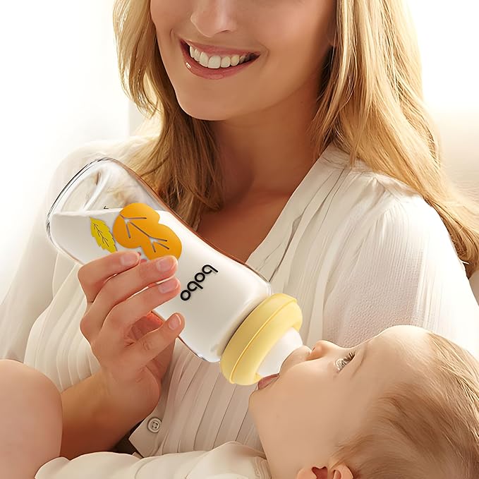 YOHKOH Natural Glass Baby Bottle with Natural Response Nipple, Newborn Anti-Colic Baby Bottles, Wide Neck Mushroom Cap Baby Bottle, Clear (Yellow, (8.8oz (Pack of 4))-BubblyBeeBaby