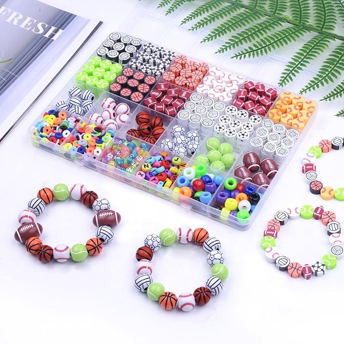 1000PCS Sports Ball Polymer Clay Beads Charms for Friendship Bracelets Making Kit Cute Fun Beads DIY Arts Crafts Birthday Gifts for Kids Girls Baseball Basketball Soccer Rugby Volleyball Football Bead-BubblyBeeBaby