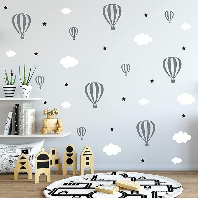 Hot Air Balloons Clouds and Stars Nursery Decor DIY Wall Stickers Bedroom Self Adhesive JW577 (Color 1)-BubblyBeeBaby