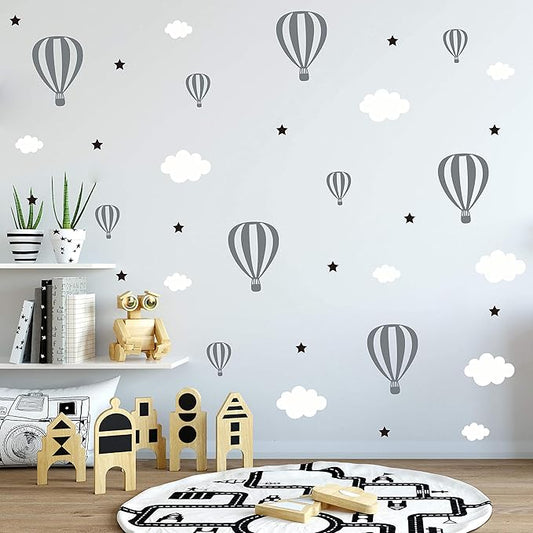 Hot Air Balloons Clouds and Stars Nursery Decor DIY Wall Stickers Bedroom Self Adhesive JW577 (Color 1)-BubblyBeeBaby