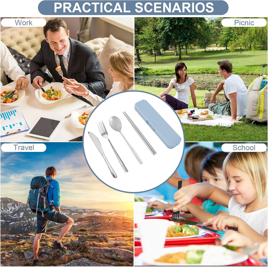 5 Piece Rsiynax Portable Travel Utensils Set with Case, Premium 304 Stainless Steel Camping Utensils Set, Reusable Silverware for Camping, Lunch, Work, School, etc, Easy to Clean (Silver)