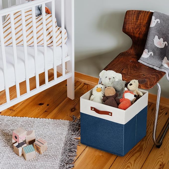 HNZIGE Fabric Storage Cubes Bins for Shelves,13x13 Storage Cubes, Set Of 4 Foldable Cubby Storage Bins for Organizing, Cloth Blue Storage Baskets for Cube Organizer Toy Nursery Shelves(Blue&White)-BubblyBeeBaby