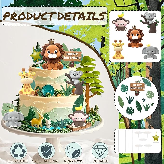 22PCS Safari Animal Cake Toppers & Wild One Birthday Decorations - Jungle Cake Topper with Leaves for Animal Themed Birthday Party Decorations, Safari Cake Decorations for Zoo Theme Cakes Accessories-BubblyBeeBaby