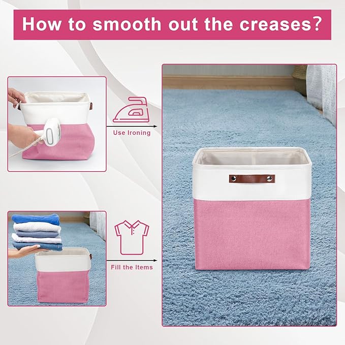 13x13 Cube Storage Bins, Collapsible Fabric Storage Box, 4 Pack Closet Baskets with Handles for Organizing, Shelf, Toys, Clothes, Home, Office, Nursery (Pink&White)-BubblyBeeBaby