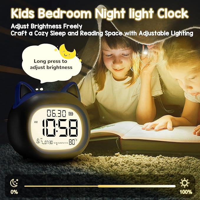 Kids Alarm Clock with Night Light for Kids, Small Digital Alarm Clocks for Bedrooms, Routine Builder, Cute Cat Alarm Clock with Sleep Training, Snooze, 12/24H, Date & Day, Temperature, USB Port-BubblyBeeBaby