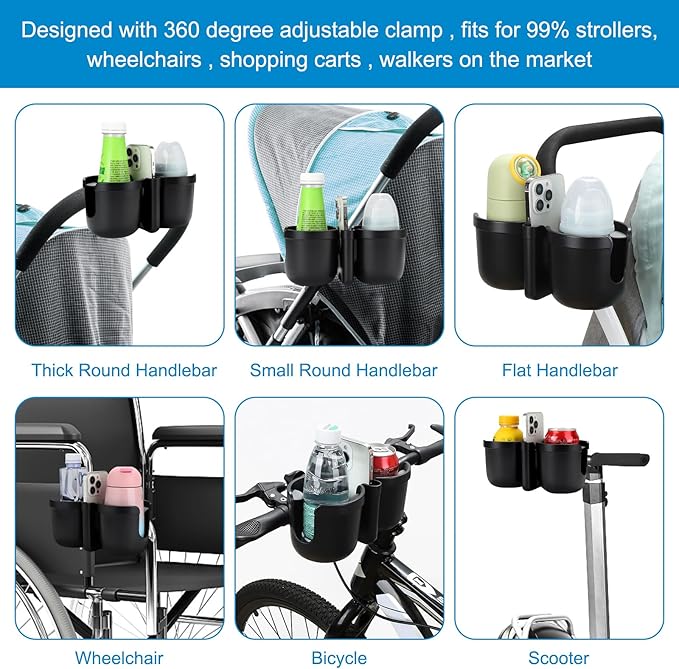 Accmor Stroller Cup Holder with Phone Holder, Universal Cup Holder for Uppababy Nuna Doona Strollers, 2-in-1 Bottle Phone Holder for Bike, Wheelchair, Walker, Scooter-BubblyBeeBaby