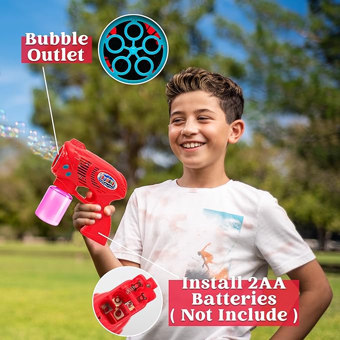 JOYIN 2 Bubble Guns with 2 Refill Solution (10 oz Total), Bubbles Maker, Blower, Machine Gun Blaster for Kids, Toddlers, Outdoors Activity, Party, Birthday Gift, Easter Toys (Blue+Red)-BubblyBeeBaby