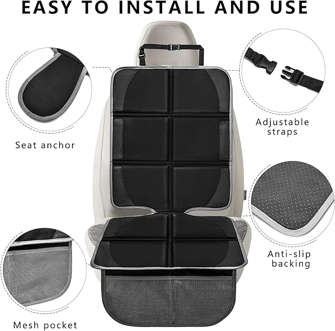 Car Seat Protector 2 Pack Baby Car Seat Covers with Mesh Pockets & Non-Slip Backing 600D Durable Seat Protector Under Baby Car Seat (Black & Gray, Large)-BubblyBeeBaby