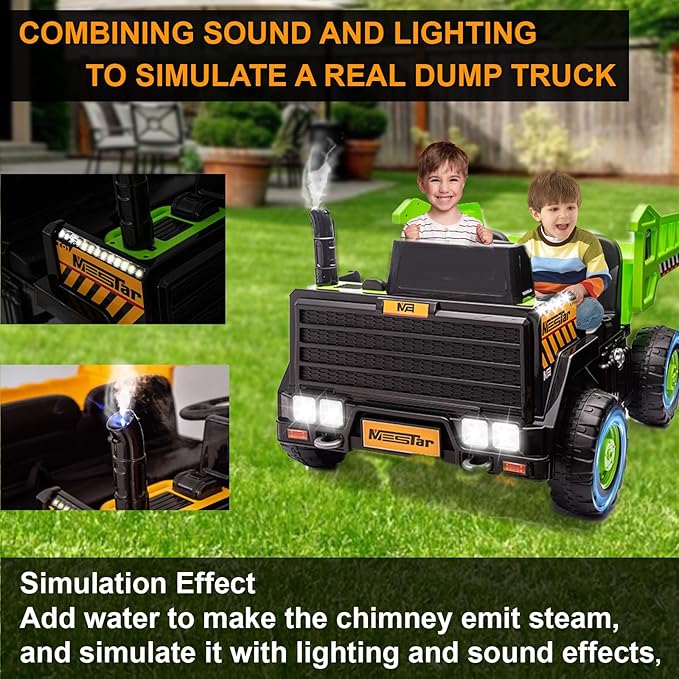 24V Ride On Dump Truck, 24inch-2 Seater Ride On Car for Kids w/Remote Control 4WD/2WD Up to 5 Mph, 24v Ride on Toys for Big Kids w/Electric Dump Bed Extra Shovel Traffic Cones (Green)-BubblyBeeBaby