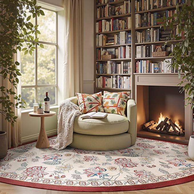 jinchan Floral Corner Rug for Living Room Washable Bedroom Rug Vintage Romance Design Non Slip Quarter Circle Lightweight Low-Pile Throw Carpet for Reading Nook Playroom,8ft Radius, Red/Beige-BubblyBeeBaby