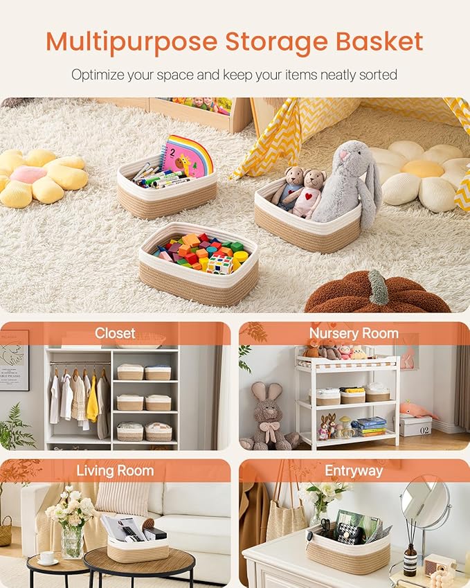 KALLAX Small Woven Basket, 12 x 8 x 4.5 Inches, Storage Basket for Organizing, Cute Small Rope Shelf Closet Cube Storage Bins Baskets for Shelves, Dog Toy Gift Baskets Empty, 3 Pack White & Brown-BubblyBeeBaby