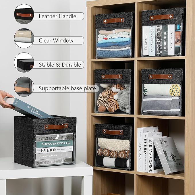 HNZIGE Fabric Cube Storage Bins 11 x 11, Collapsible Storage Cubes Bins for Storage Shelves,Foldable Cube Storage Bins for Storage, Cubby Closet Clear Bins for Storage Blanket(Prints Black 6PCS)-BubblyBeeBaby