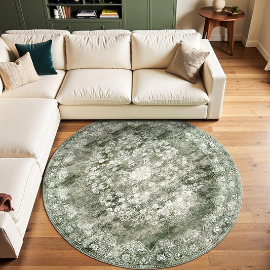 jinchan Round Rug 6ft Area Rug - Green Vintage Floor Mat Kitchen Indoor - Washable Circle 6' Thin Floral Print Carpet Retro Farmhouse Non Slip Dining Room Living Room Bedroom Office-BubblyBeeBaby