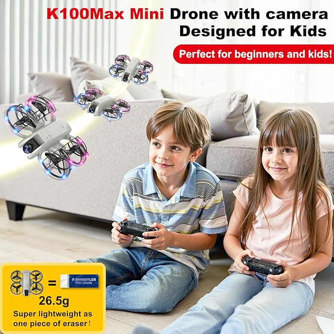 K100Max Mini Drones With Camera For Kids And Begginers, Indoor Small Helicopter Plane Quadcopter With Screen Remote Controller, Gift Toy for Boys and Girls, Headless Mode, 2 Batteries(Gray)-BubblyBeeBaby