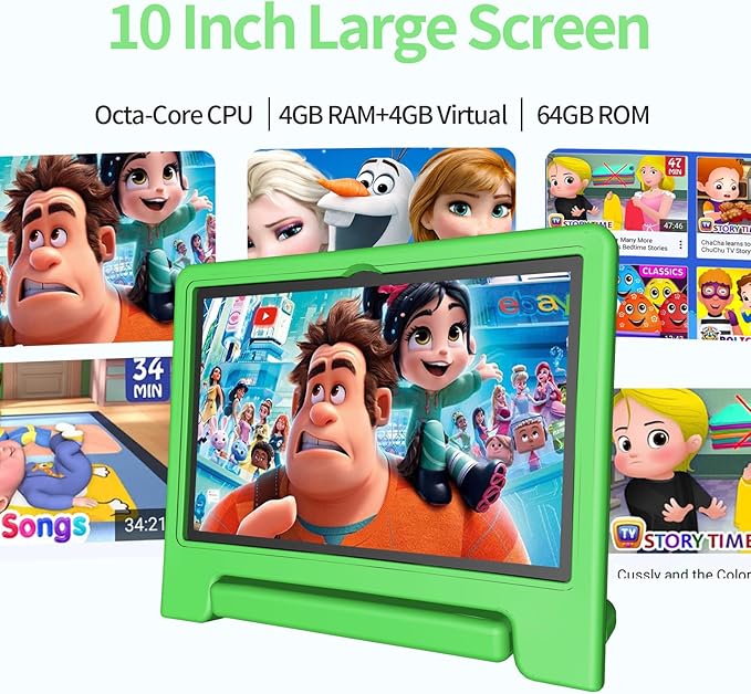 JREN Tablet for Kids｜10 Inch Kids Tablet Android 14｜Octa-core｜64GB｜WiFi ｜Bluetooth｜Parental Control｜Children Content｜Children Toddler Green-BubblyBeeBaby